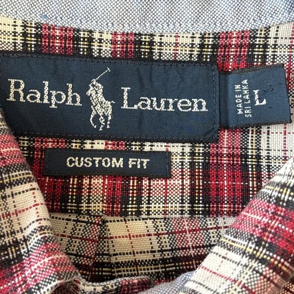VTG Ralph Lauren Mens Button Down Red Black Plaid Custom Fit Shirt Size Large - Picture 3 of 11
